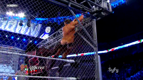 rwfan11:  Daniel Bryan - trunks yanked by Mark Henry while trying to escape the cage 