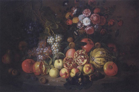 Attributed to Giovanni Battista Ruoppolo (1629–1693)Nature morte: Grenades, raisins, melon, poires, 