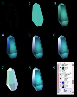 drawingden: quaenam:  Crystal Tutorial (SAI v2) Outline the shape of the crystal with a very small brush on a linework layer. Fill in the partial areas with the base colour, each on a separate layer (9 in this case). On a new layer, use the gradient tool