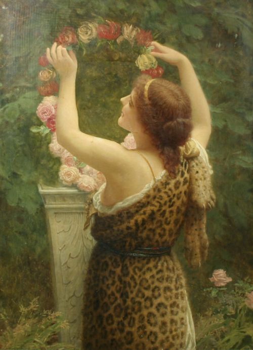 Charles Edward Perugini - Woman with a Floral Wreath in a Leopard Dress