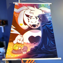 So, I’m clearing out some space in preparation for a busy con season, and i’ve got a couple wallscrolls to sell off! Also, I made a little deal on my store; orders over ๛ get free shipping! Think of it like a memorial day discount but one that’ll