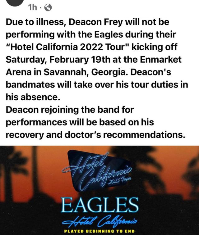 Deacon Frey Missing Eagles Tour Dates Due to Undisclosed Illness