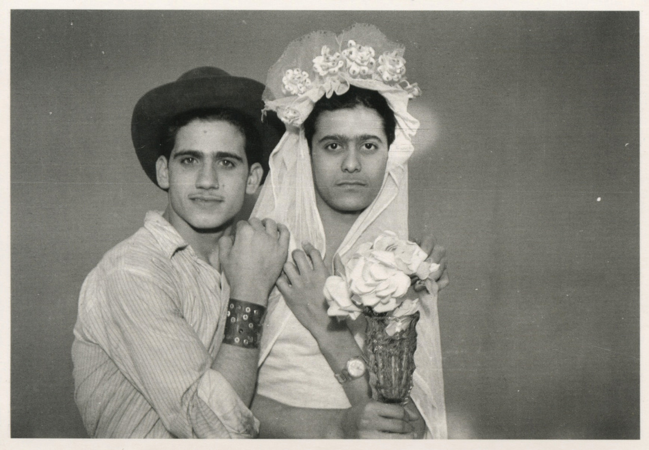 ramigeorge:
“ najm and asmar disguised as bride. lebanon 1950s (arab image foundation)
”