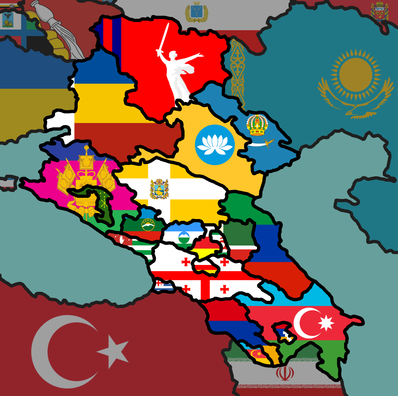 A flag map of the Caucasus region with surrounding... - Maps on the Web