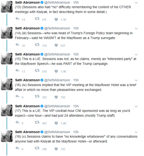 Sessions Testimony Twitter-thread from Seth Abramson, former prosecutor and professor of Journalism,