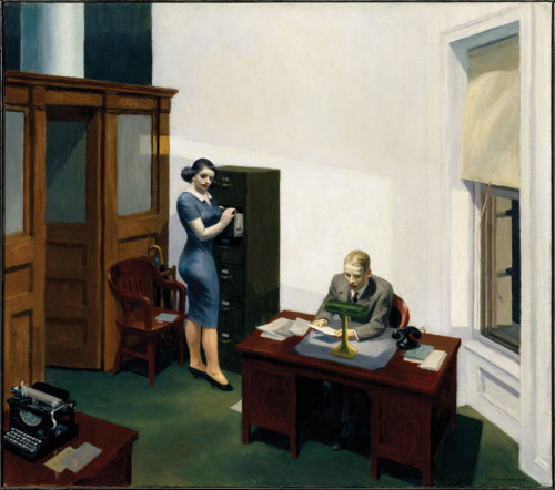 theories-of:  Edward Hopper- Office at Night, 1940, Oil on canvas, 56.4 x 63.8 