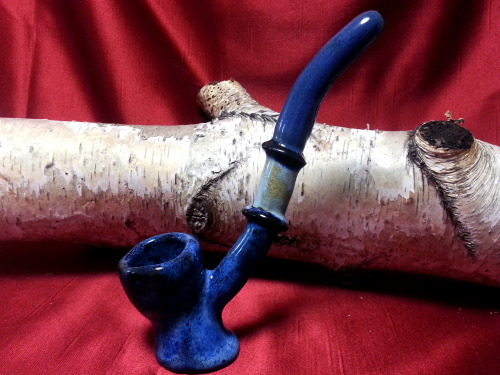 Sherlock Pipe with stand, 8 inch long, ceramic, handmade, speckled light and dark blue glaze. $30 ht