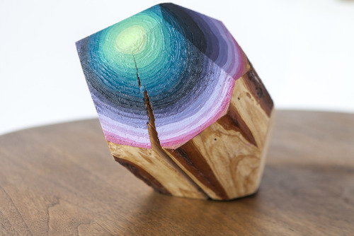sixpenceee:Artist Victoria Wagner works with large pieces of reclaimed wood sliced into geometric forms and painted to resemble large gemstones.