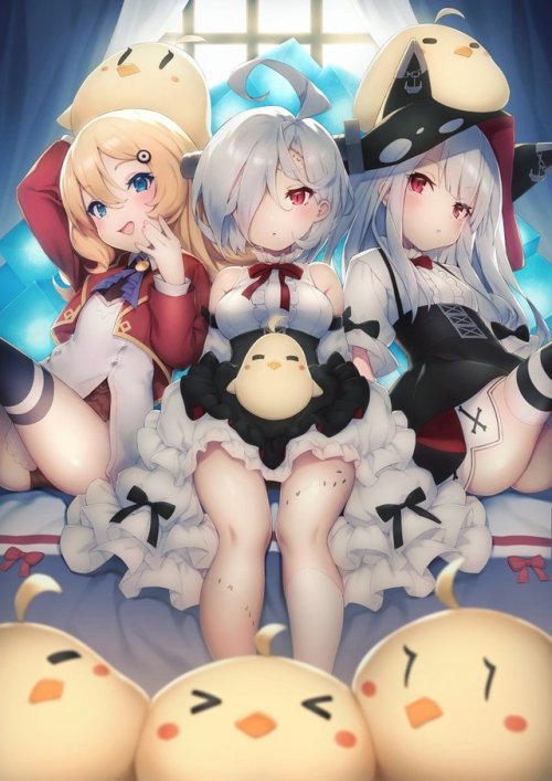 pokachurorichu: &ldquo;一周年記念で描かせていただいた三人（とひよこ達） ＃アズールレーン t.co/QjJdts59eV&rdquo;