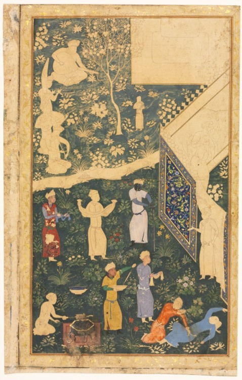 cma-islamic-art: Folio from an Album with Musicians and Servants Outside a Royal Encampment (recto) 
