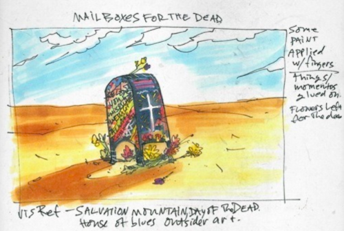 stabbingstabbed:mailbox for the dead / gerard’s concept art / salvation mountain CA