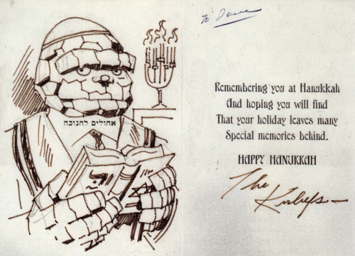 why-i-love-comics:hand drawn Hanukkah card by Jack Kirby from 1976