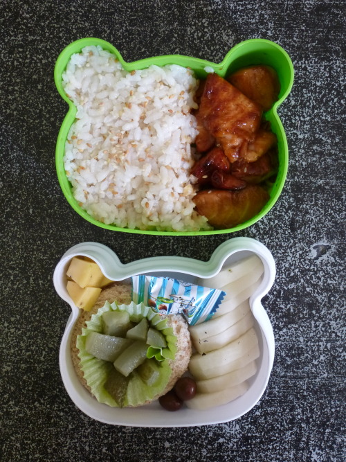 Voici le premier (vrai) bento que je fais :D Du riz au sésame avec du saumon teriyaki Radis noir, pe