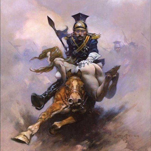 heavymetalmedia:Flashman at the Charge, 1974, oil on board, by Frank Frazetta. Used as a cover for a