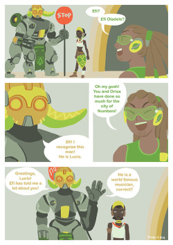 singultus:  In my head I want Lucio to be everyone’s biggest fan and he legit fanboys out after meeting them.  Nondescript Numbani background because Orisa took like 5 hours to draw   help my hand hurts   I could really go for some Lucio-oh’s right