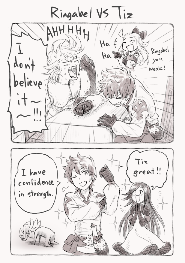 satokivi-bdff:  Arm wrestling :DI’m interested in their STR status about Edea&gt;Tiz&gt;Ringabel&gt;Agnès.