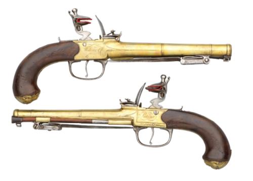 A pair of English flintlock pistols produced by Waters & Co. circa 1780.from Thomas Delmar Ltd.