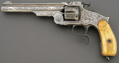 An engraved and bone handled Smith and Wesson Third Model Russian revolver, late 19th century.