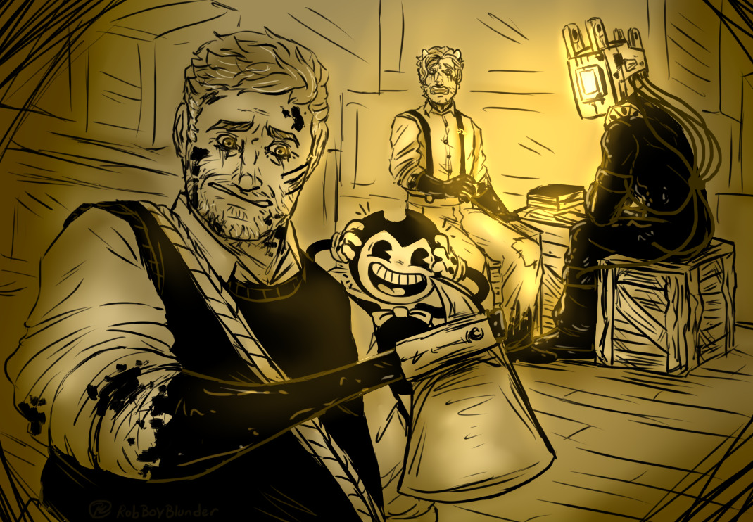 Henry on the left is looking with surprise and confusion at his arm that has become an axe from the elbow down. Behind him bendy holds his head yelling in excitement while further in the back sammy's jaw is dropped in surprise as he's turning to face Henry. Norman is leaning forward but turning his head to look over, the light from his lens casting a glow over the warehouse full of boxes. next to him and sammy is a create with books stacked on it.