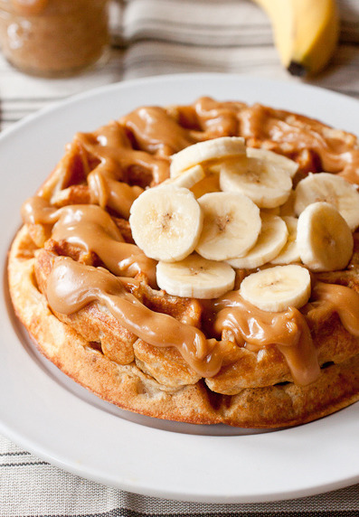 fullcravings:  Peanut Butter and Banana Waffles  oh my god. please with some strawberries