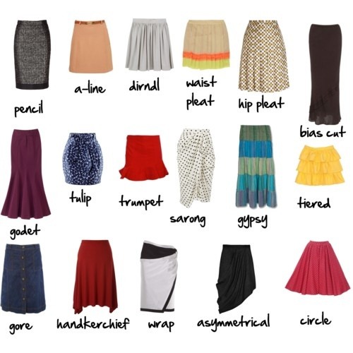 fairymascot:fashioninfographics:A visual glossary of Skirt typesOH MY GOD SO HELPFUL