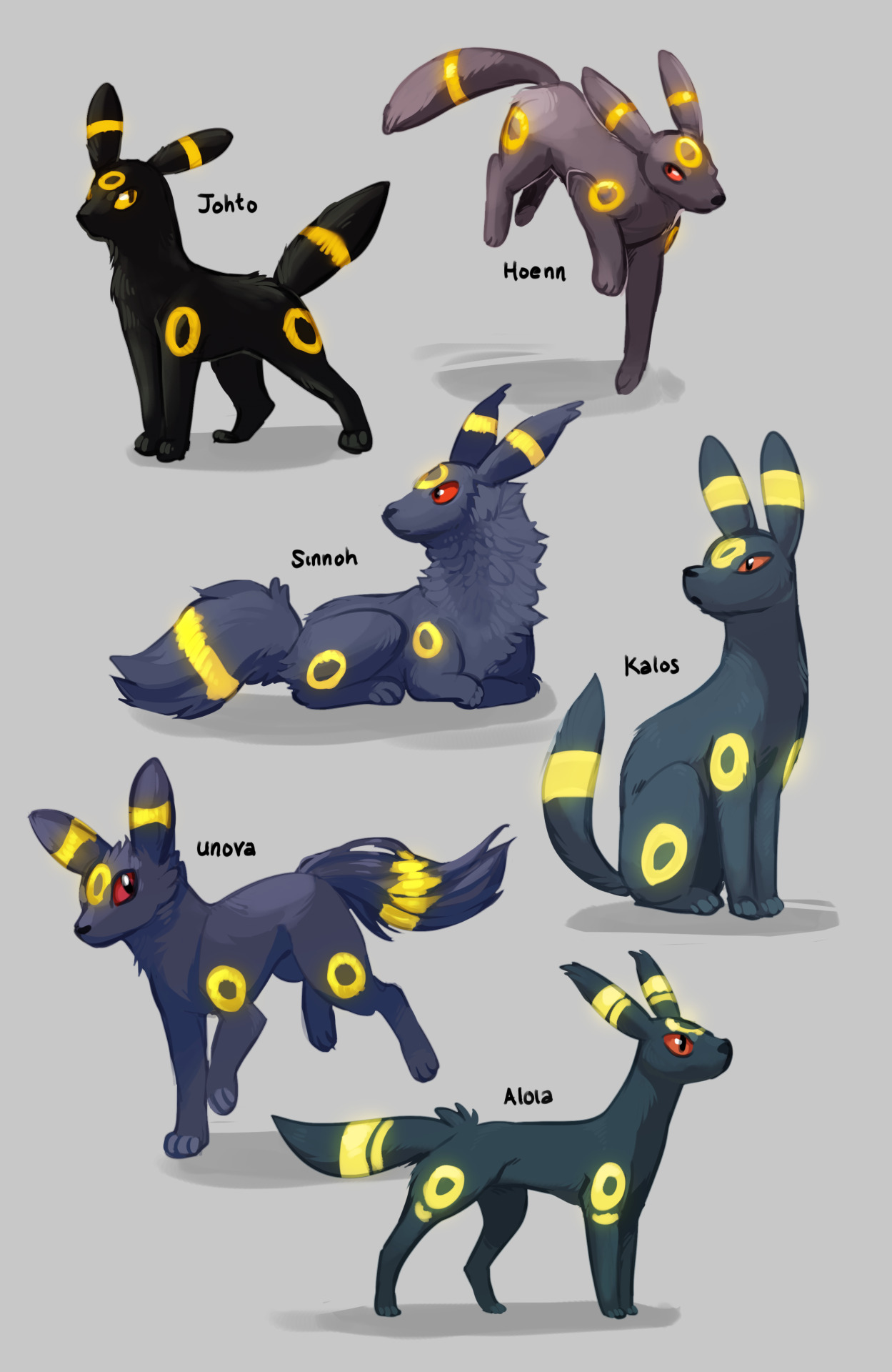 denovember: Pokemon variations of Umbreon! I imagine each region has it’s own variation,