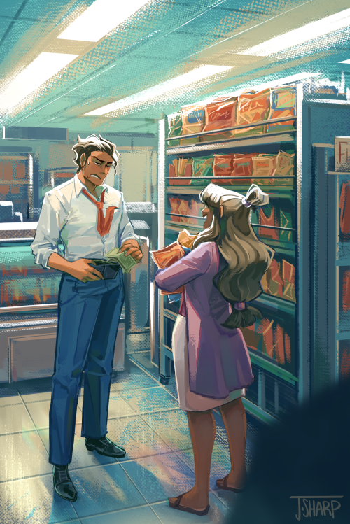 ra2asuk: sinlizards:Quick snack stop  [Image Description: a digital drawing of Maya Fey and Phoenix 