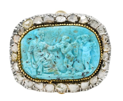 Georgian neoclassical turquoise, diamond, and silver-topped gold cameo ring, top c. 1800 with shank 