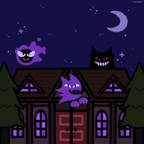 nariesu: a drawing of the gengar line in front of the old chateau from d/p/p. this was for an animat
