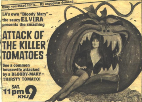 Early 1980s TV Guide ads for Elvira’s Movie Macabre on KHJ-TV, Channel 9, Los Angeles. Back when the