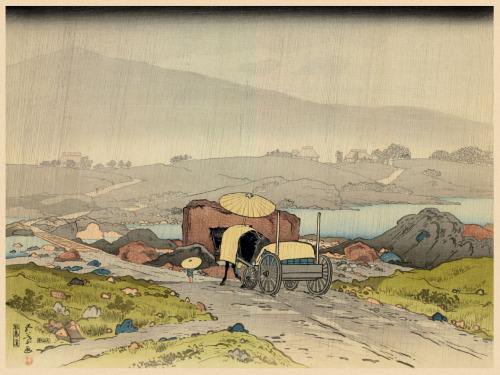 geritsel:Hashiguchi Goyo - Rain at Yabakei, color woodblock print