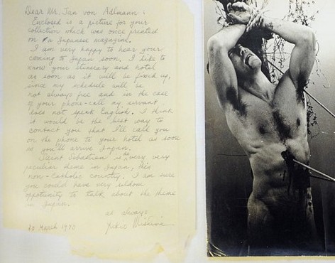 raveneuse:    A photograph of Yukio Mishima posing in his Martyrdom of Saint Sebastian and a letter he wrote to Jan Von Adlmann, an American art museum director, 1967-1970.  