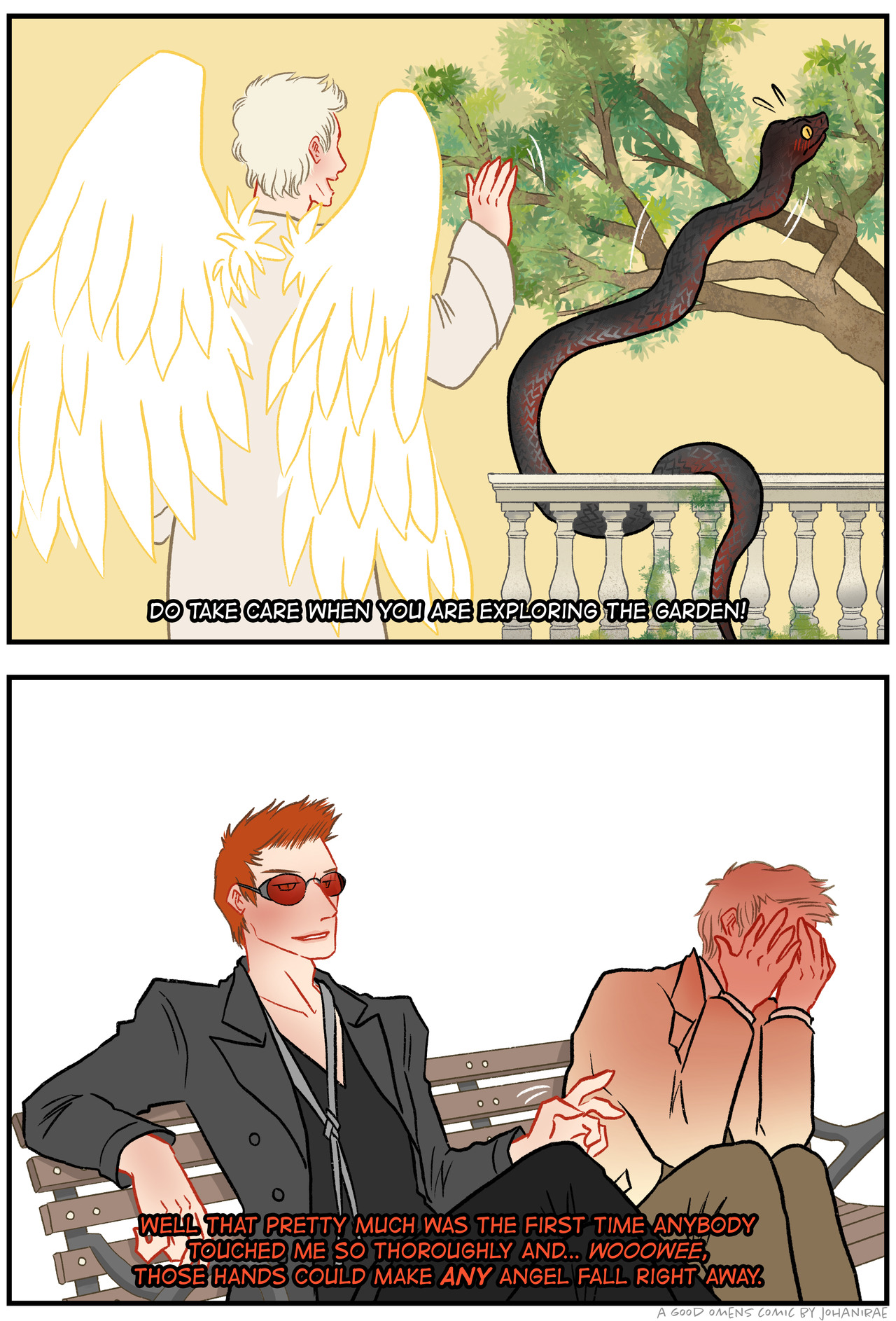 johanirae:  Good Omens | The Angel of the East Gate meets his first serpent. 