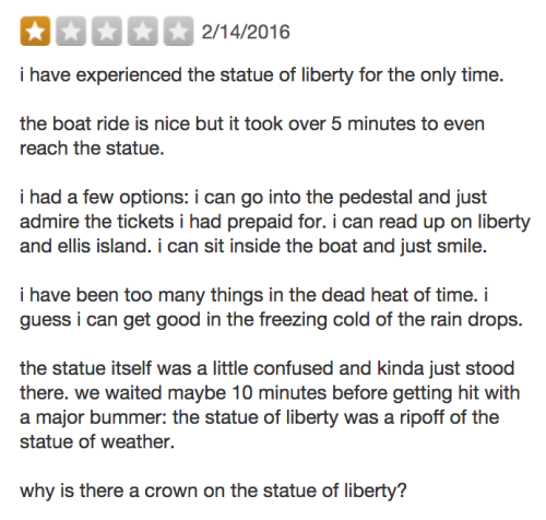 anarchacannibalism: mmilhouse: objectdreams: 1-star yelp review of the Statue of Liberty written usi