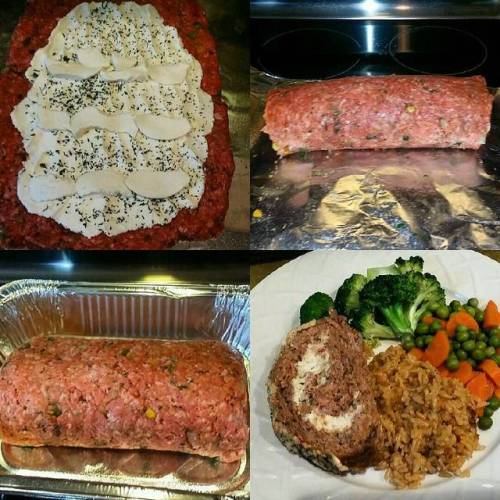 Stuffed meatloaf start to plate, yummy! #vealbeefpork #ricotta #freshmozzarella #broccoli #peasandca