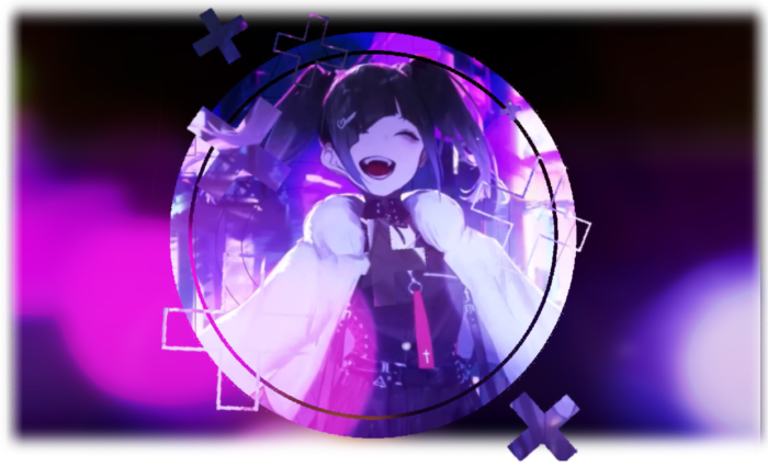 a graphic made up from the main art used in the music video for "Witch Trial" or "Majo Saiban" by Len, featuring ina" (AKA. 否). there's a girl with twin tails that have the tips dyed purple, mid-air smiling widely with her eyes closed. 