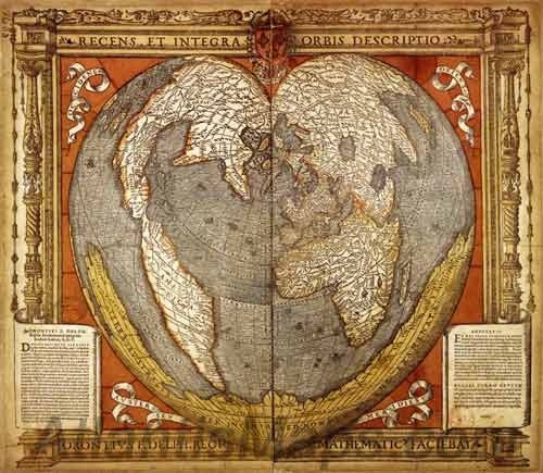 heart shaped 1534 World Map by cartographer Oronce Finé