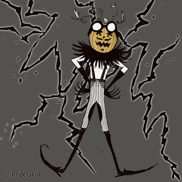 a humanoid pumpkin stands arms akimbo in front of a grey background with black lightning. The pumpkin is laughing mischievously; he is dressed like an old-timey inventor with goggles and gloves. 