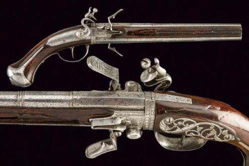 German double barrel (swivel barrel) flintlock Werder pistol, 18th century.from Czerny’s Internation