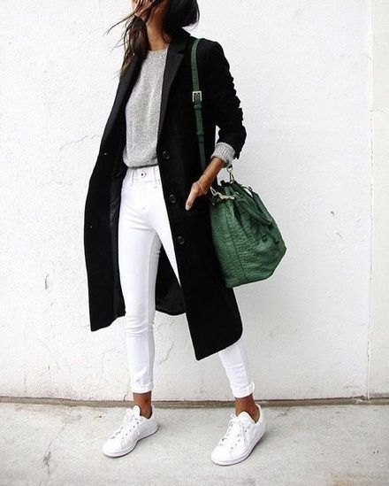 ✓ Gray Sweater✓ White Jeans✓ White Sneakers✓ Black Wool Overcoat