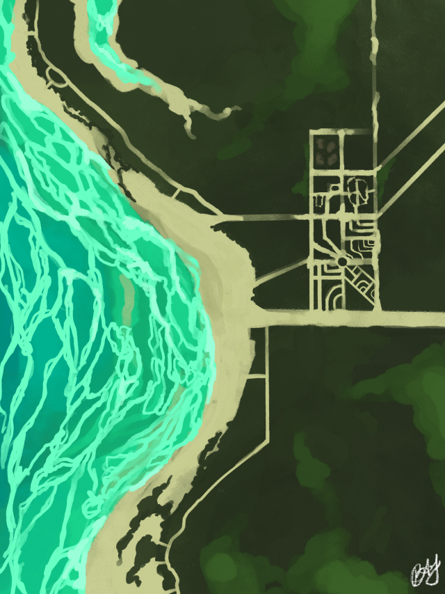 A digital painting of an aerial view of a rich green coastline. 