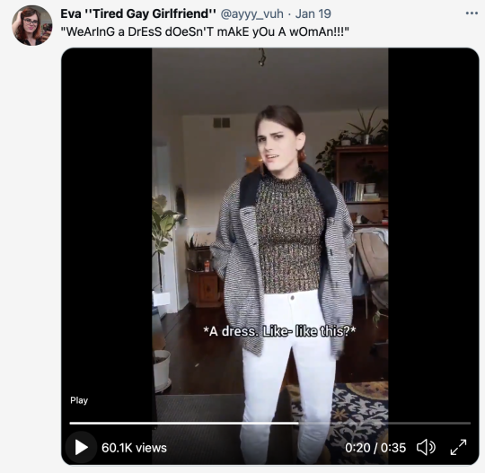 crossdreamers:Transgender lesbian woman tears gender stereotypes apart in viral videoYou have probably heard it before: “Wearing a dress does not make you a woman!”Over at twitter, Eva, a lesbian transgender woman, published this amazing video in