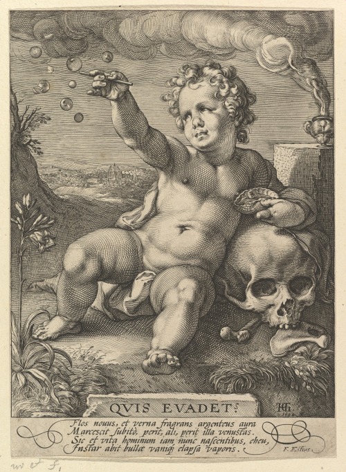 Hendrick Goltzius,Quis Evadet? + detail of Latin inscription (1594).The inscription reads:Quis Evade