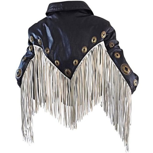 Preowned Amazing Vintage Black And White Leather Fringe Biker Western Jacket ❤ liked on Polyvore (se