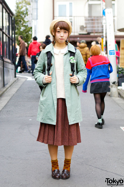 Hikari&rsquo;s vintage style look on the street in Harajuku w/ midi-skirt, mint jacket &amp; Haruta 