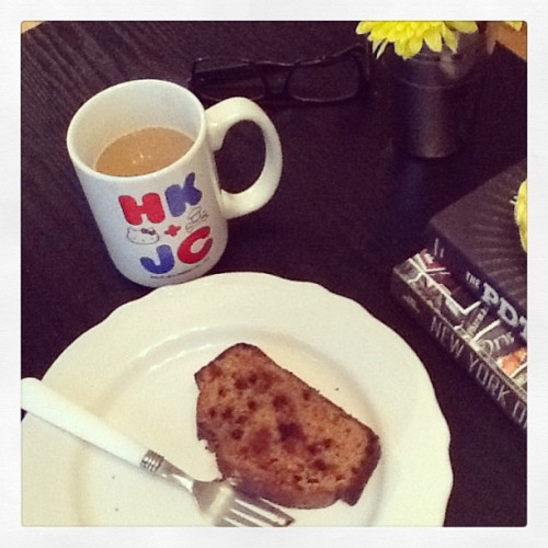 Moms homemade chocolate chip pumpkin bread and MY home made soy hazelnut latte good morning