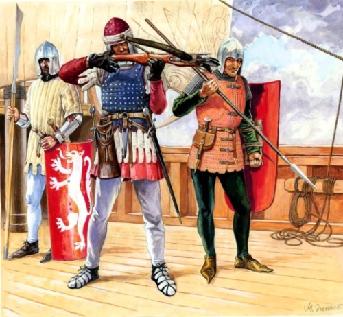 historiadoresuniversales:  1. Vikingos 2. Jefe varego. 3. Normando. 4. Ingleses durante la Guerra de los Cien Años. 5. Marinos venecianos. Arte de Marek Szyzsko.