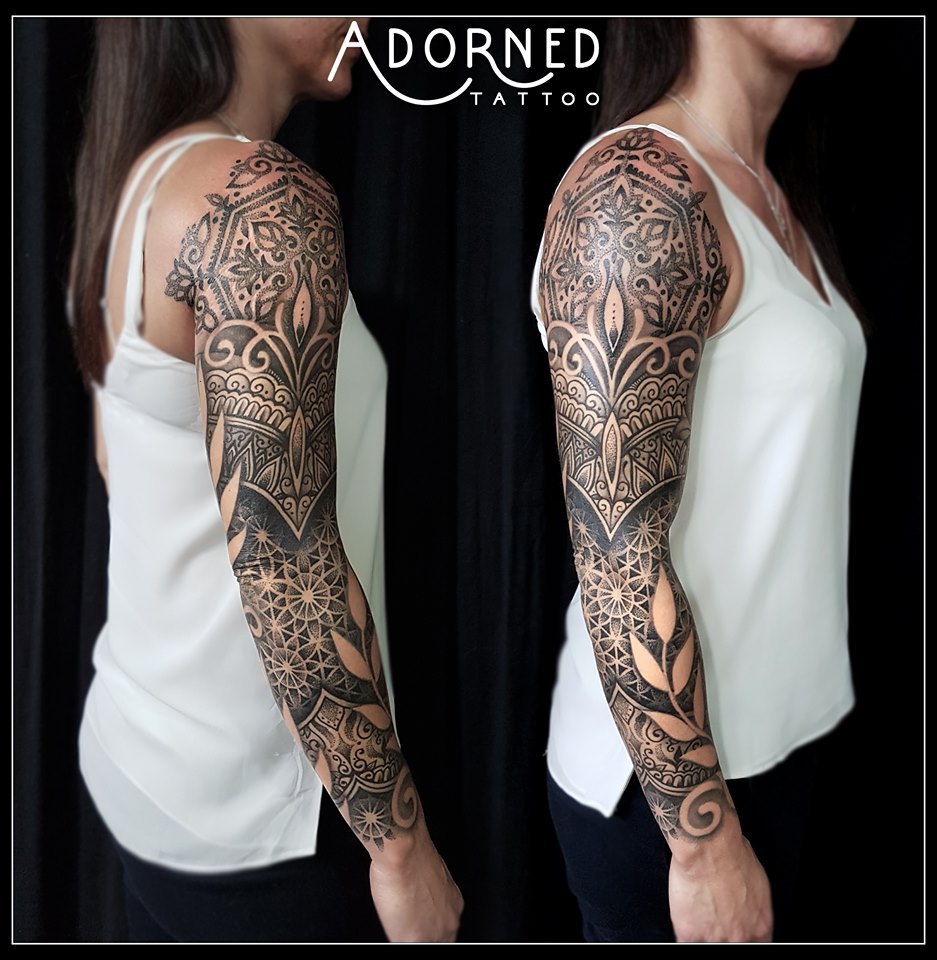 Tattoo studio in Dorset, UK - Strong and stunning dot work mehndi sleeve,  with...