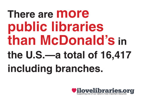 americanlibraryassoc:  There are more public libraries than McDonald’s in the U.S. - a total o