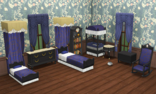 TS4: Antique Nursery Setincludes 11 items: toddler’s bed, child’s bed, crib, bed canopy, curtains, b